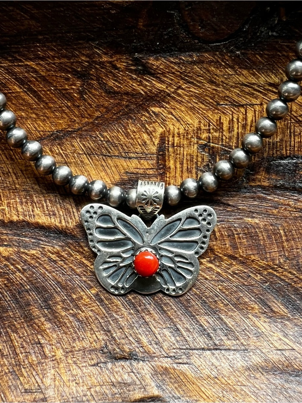 925 Sterling Silver Red Coral Butterfly Pendant Southwestern - Picture 7 of 12